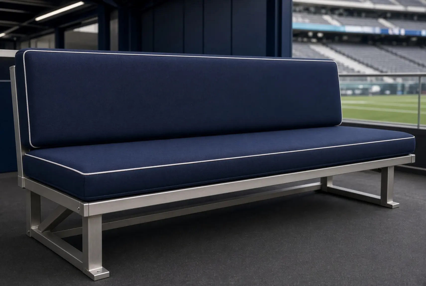 Navy bench cushions on a stadium team bench